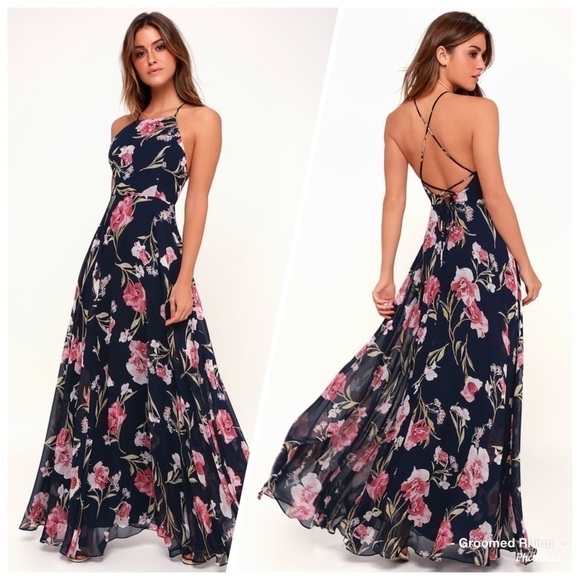 Lulu’s Aubree Navy Blue Floral Lace Up Maxi Dress Size S - Picture 1 of 14
